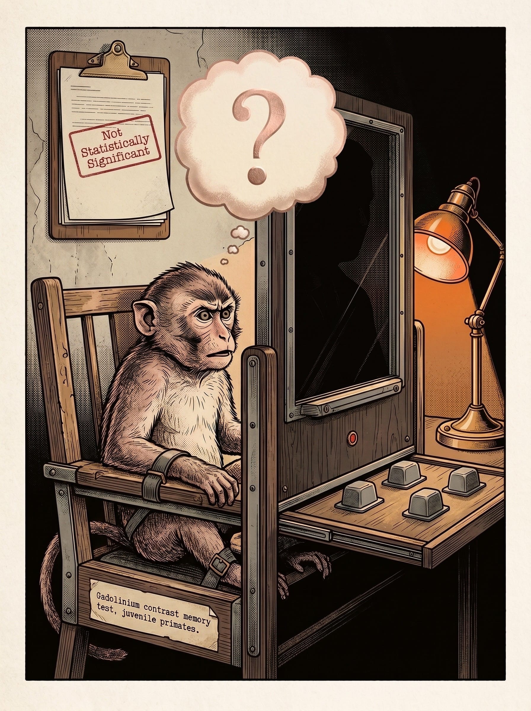 A monkey in a lab coat staring at an impossible exam paper, illustrating the broken memory test used in the gadolinium primate safety study.